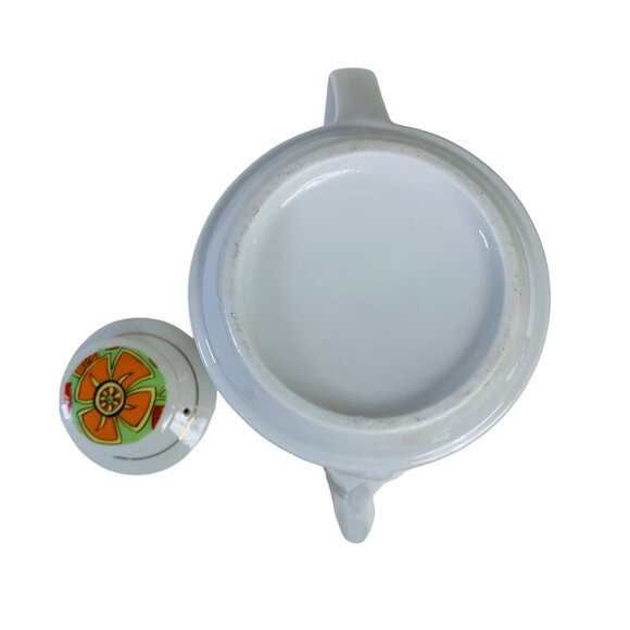 Retro 70s MCM Tea Pot Orange Flower Child Mod Groovy Motif Daisy Kitchen Decor - Picture 12 of 13